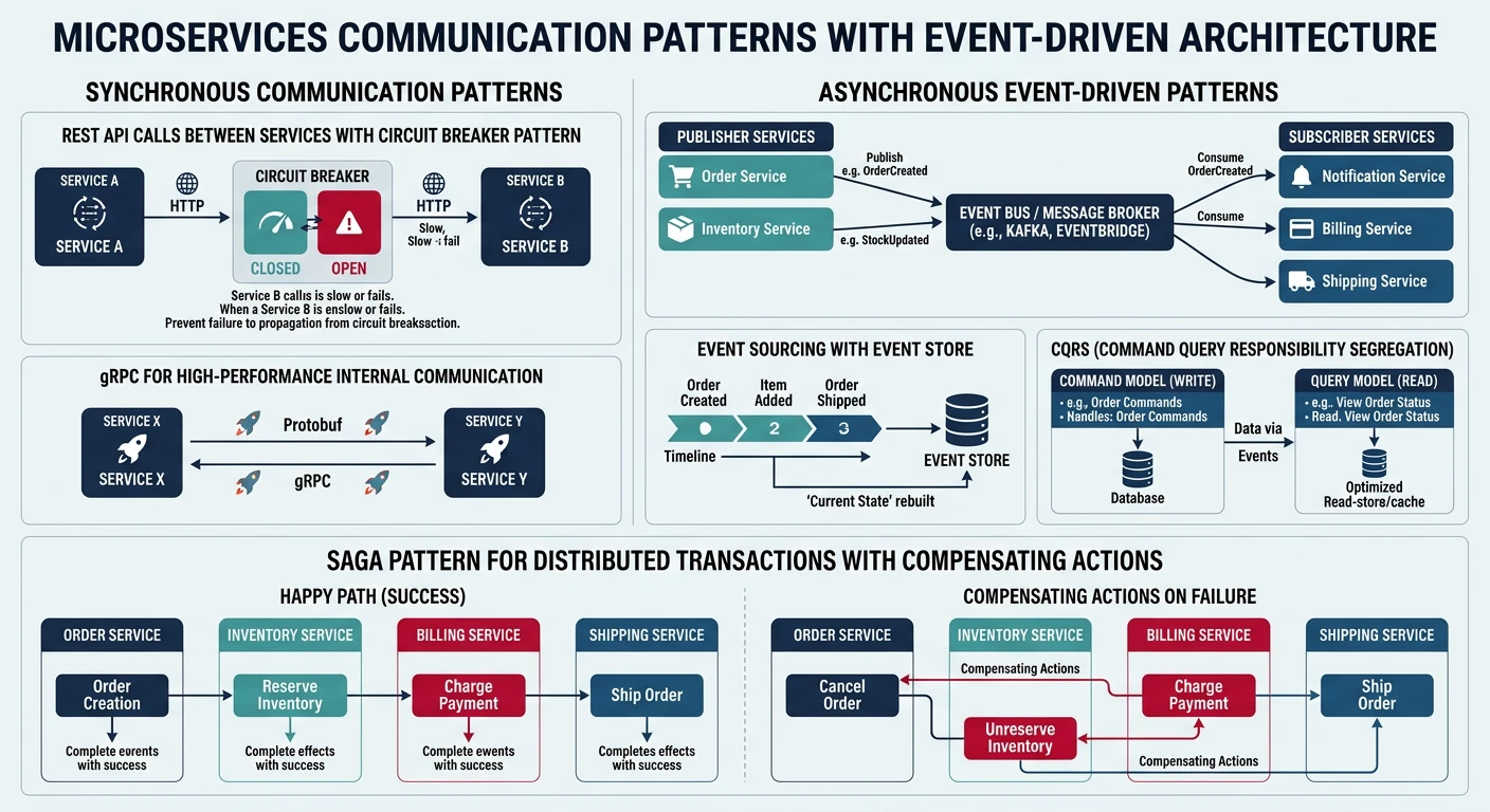 Cloud architecture patterns showing microservices and event-driven designs