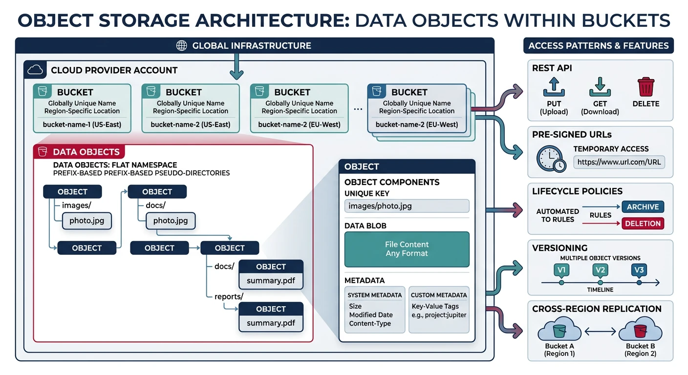 Cloud object storage overview showing objects, buckets, and metadata