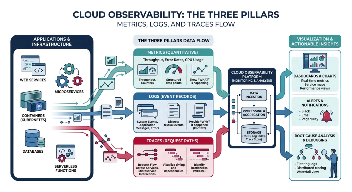 Overview of cloud observability showing metrics, logs, and traces flowing from applications into monitoring platforms