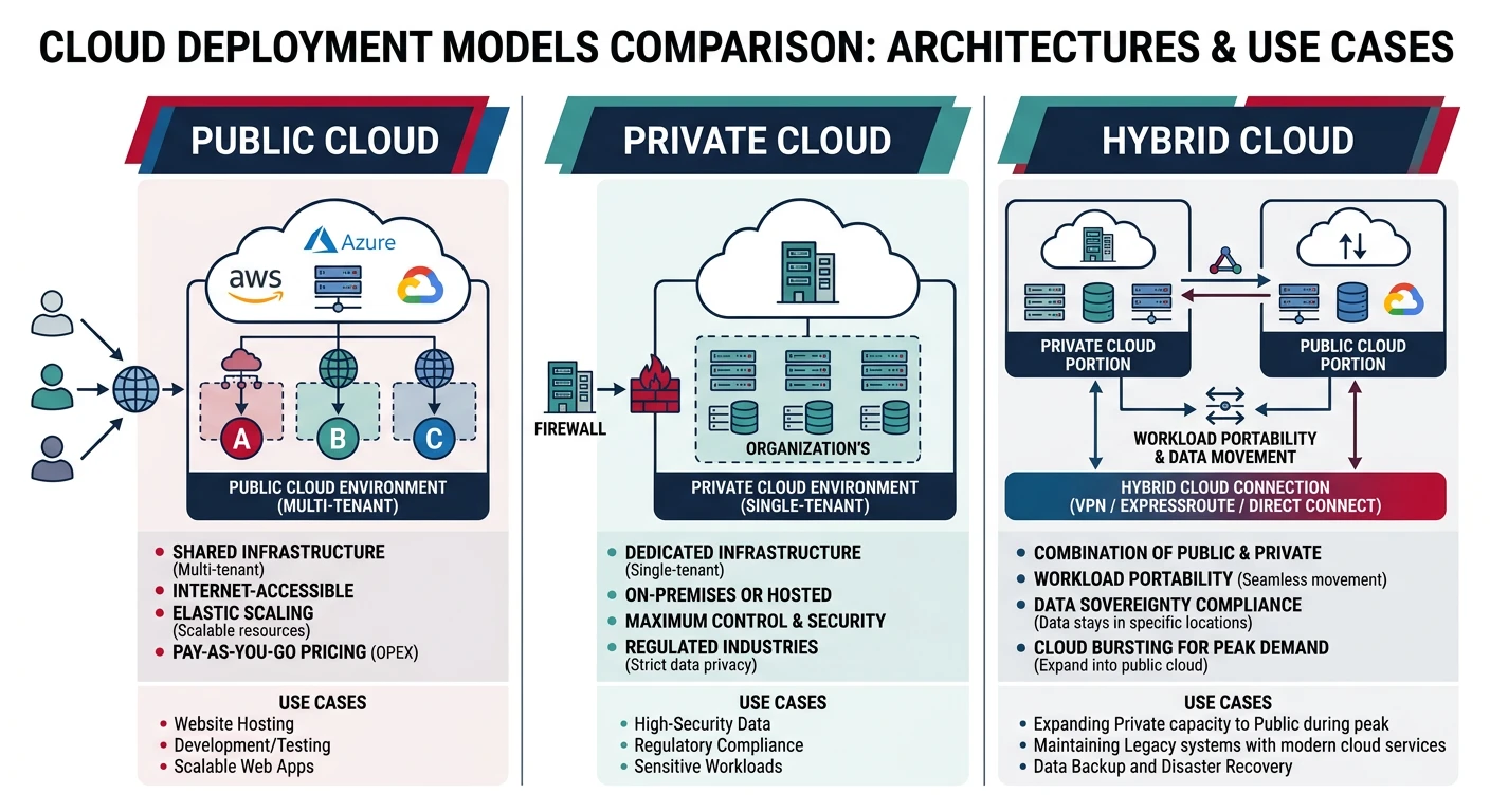 Public, private, and hybrid cloud deployment models comparison