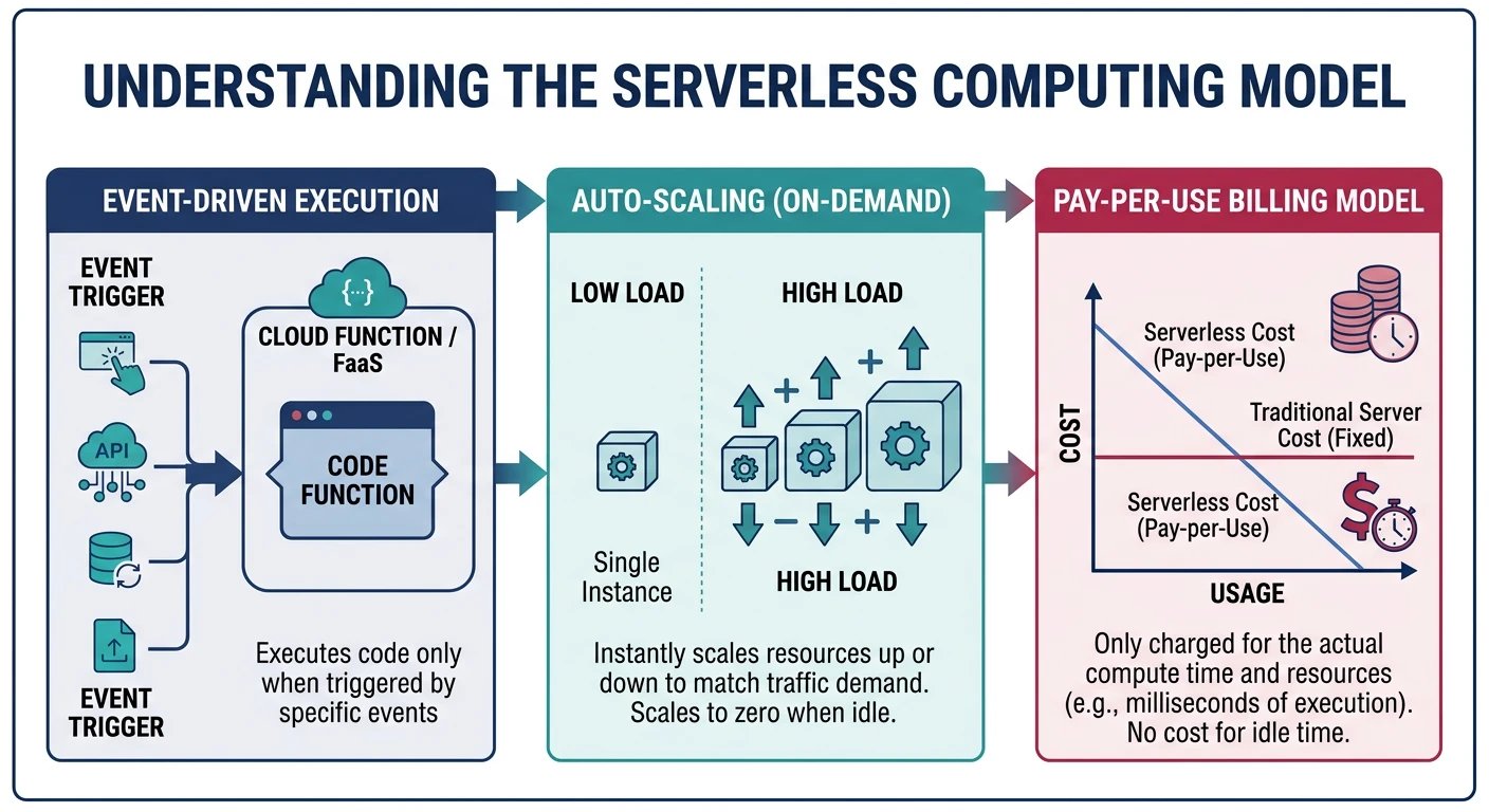 Serverless computing model showing event-driven execution, auto-scaling, and pay-per-use billing