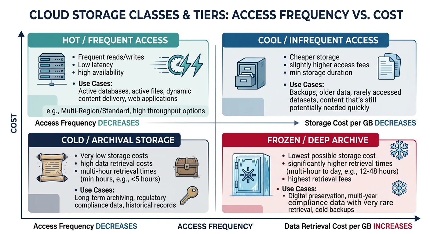 Cloud storage classes and tiers organized by access frequency and cost
