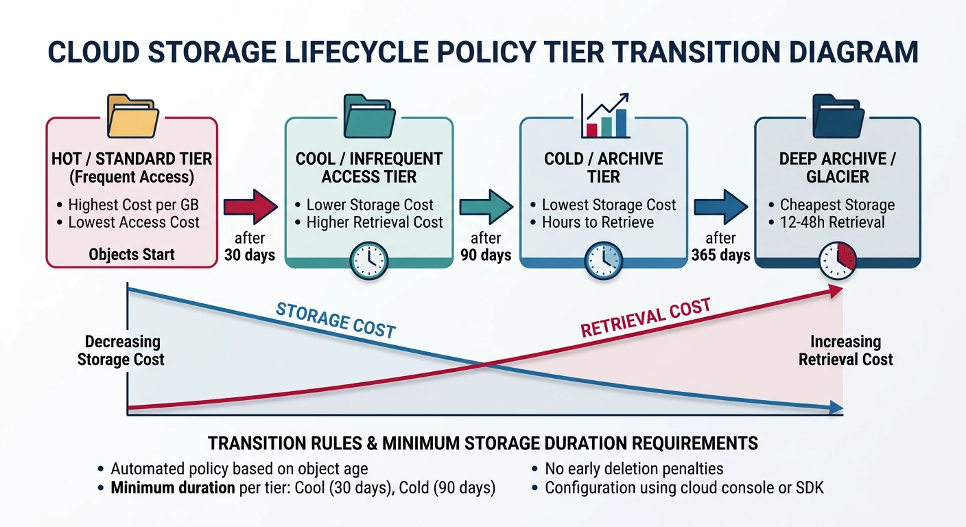 Storage lifecycle policies showing automatic transitions between storage tiers