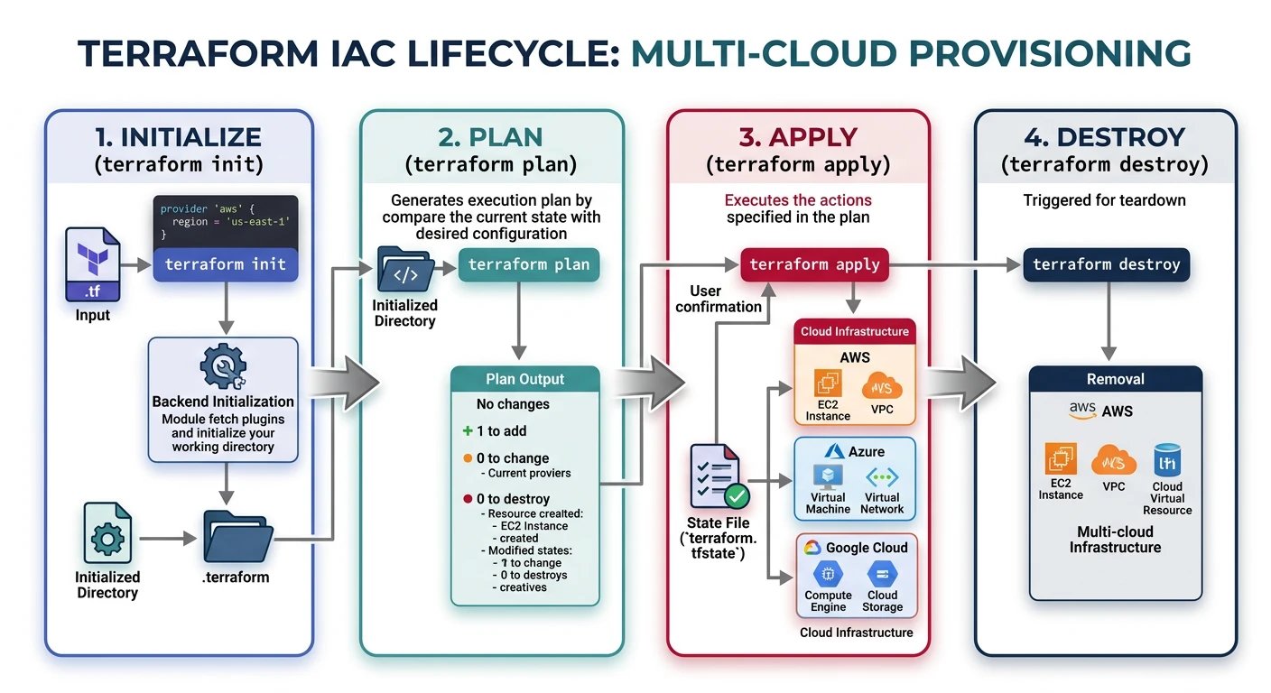 Terraform IaC lifecycle showing init, plan, apply, and destroy stages with HCL configuration files and multi-cloud provider support