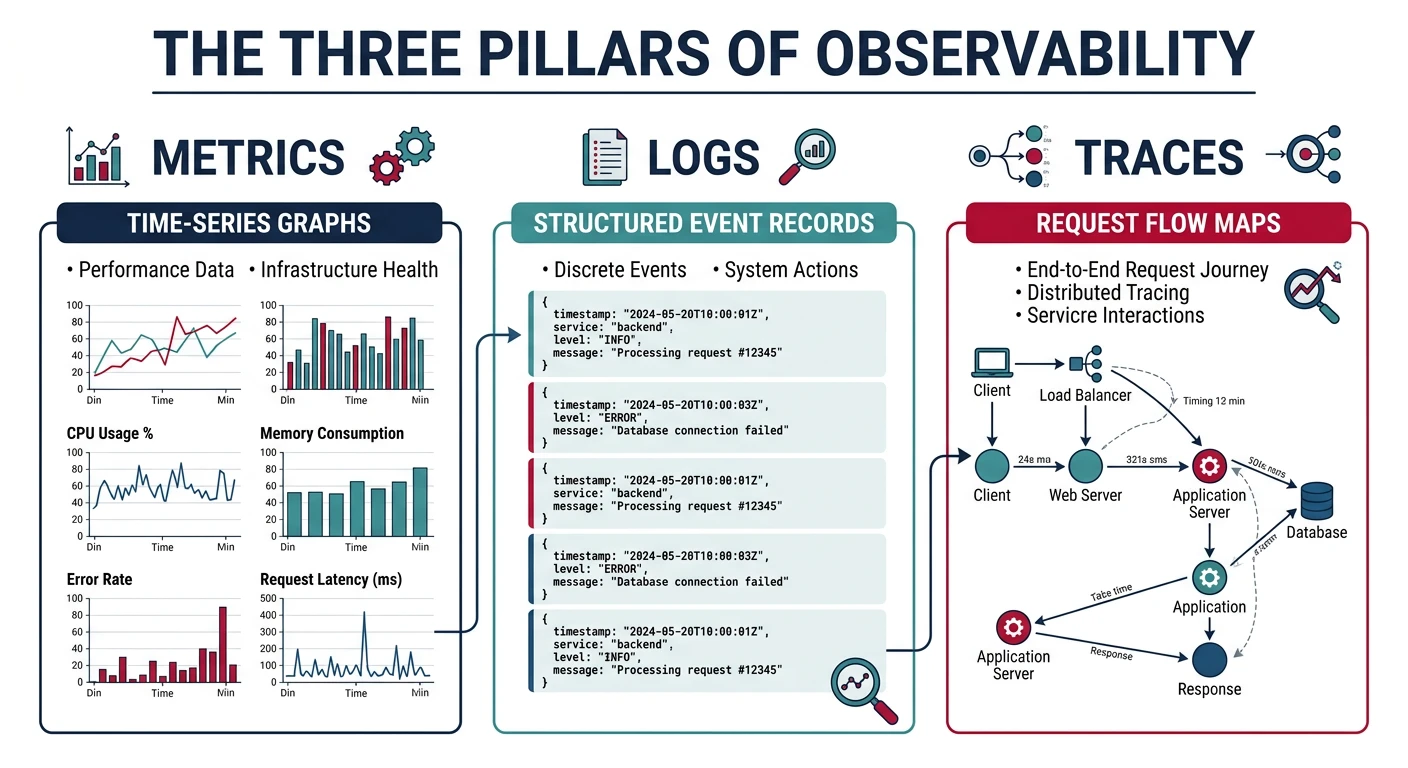 Diagram of the three pillars of observability showing metrics as time-series graphs, logs as structured event records, and traces as request flow maps