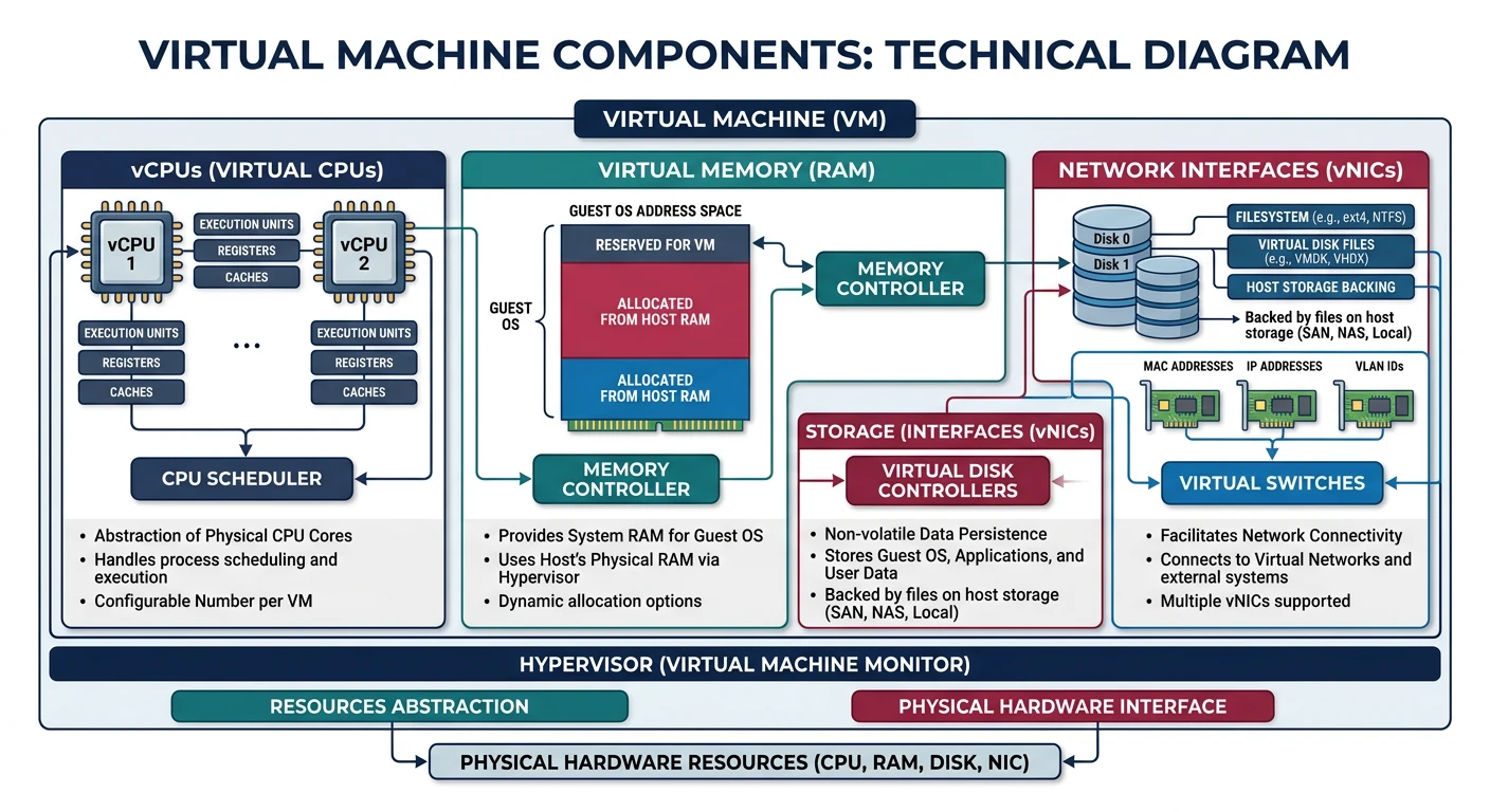 Virtual machine components including vCPUs, memory, storage, and network interfaces
