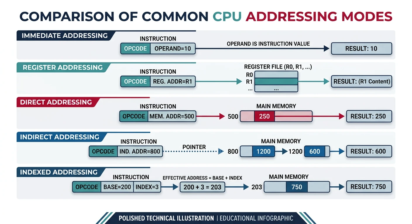 Visual comparison of immediate, register, direct, indirect, and indexed addressing modes showing how each locates operand data