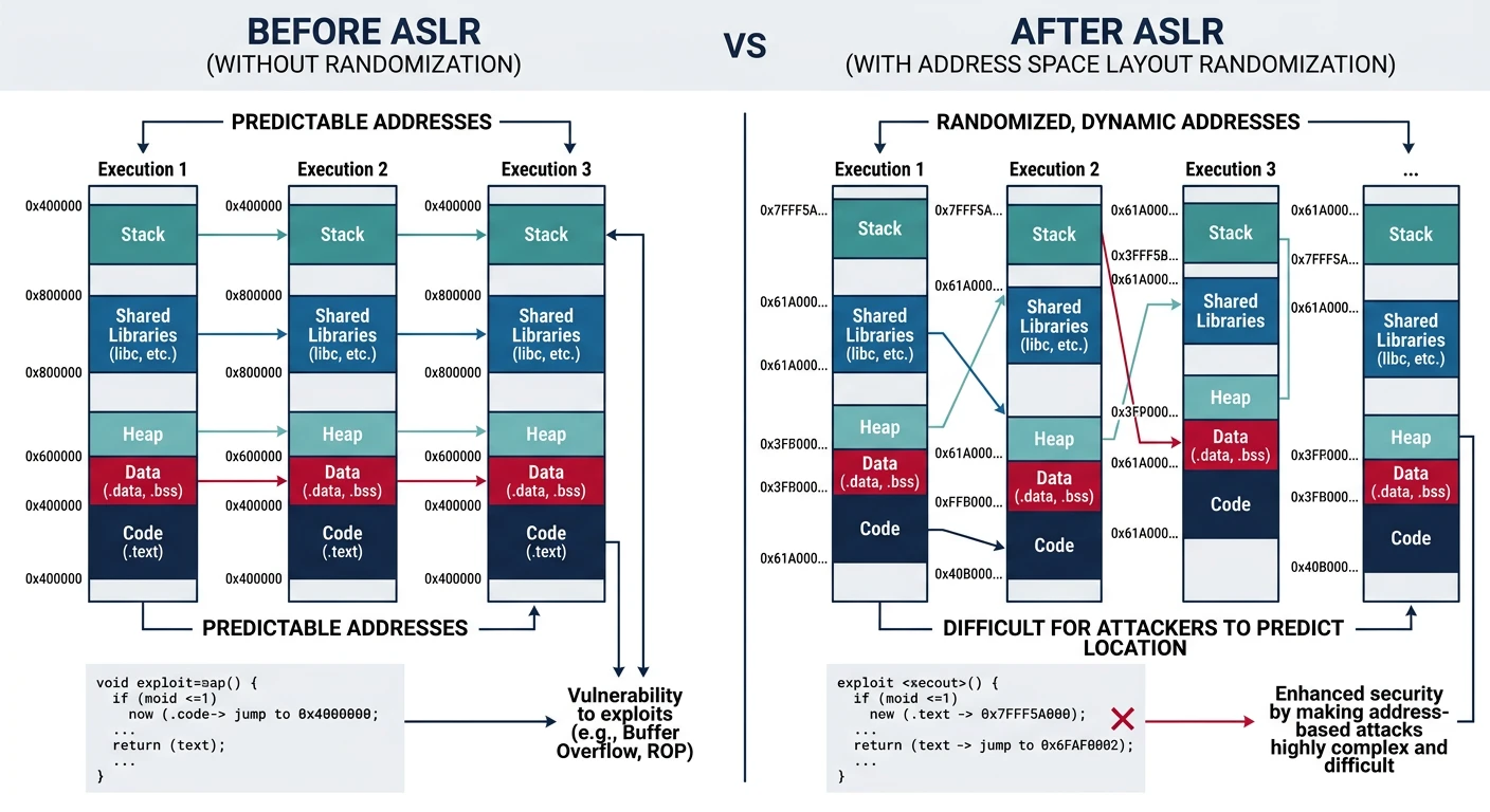 Before and after ASLR comparison showing fixed predictable memory layout versus randomized code, data, library, and stack addresses on each execution
