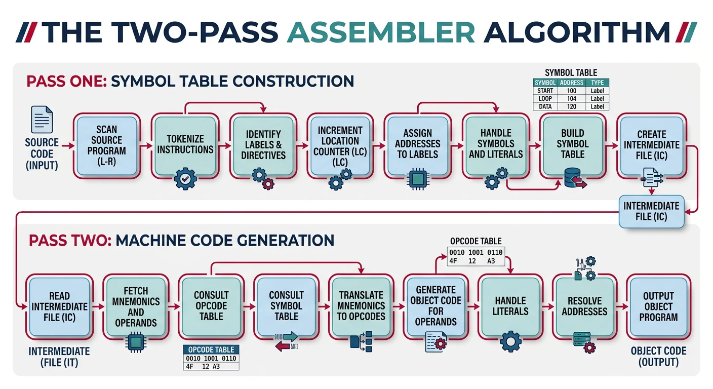 Diagram showing the two-pass assembler algorithm with symbol table construction in pass one and machine code generation in pass two