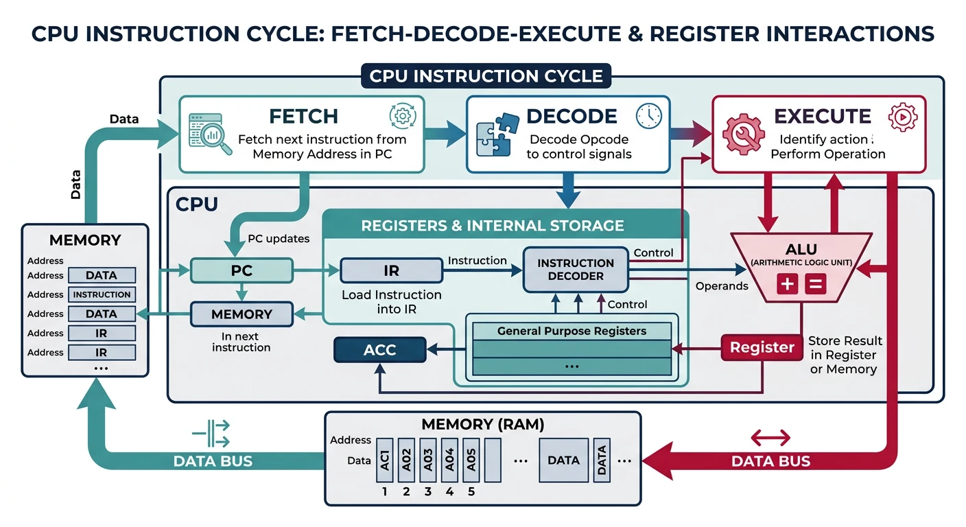 Flow diagram showing how assembly instructions move through the CPU fetch-decode-execute cycle with register and memory interactions