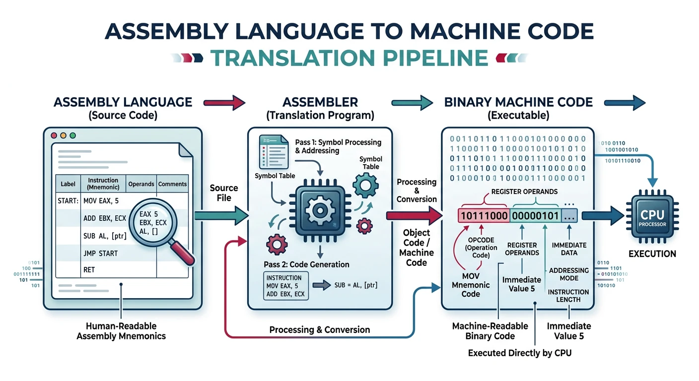 Diagram showing the translation pipeline from assembly language mnemonics through assembler to binary machine code with example instructions