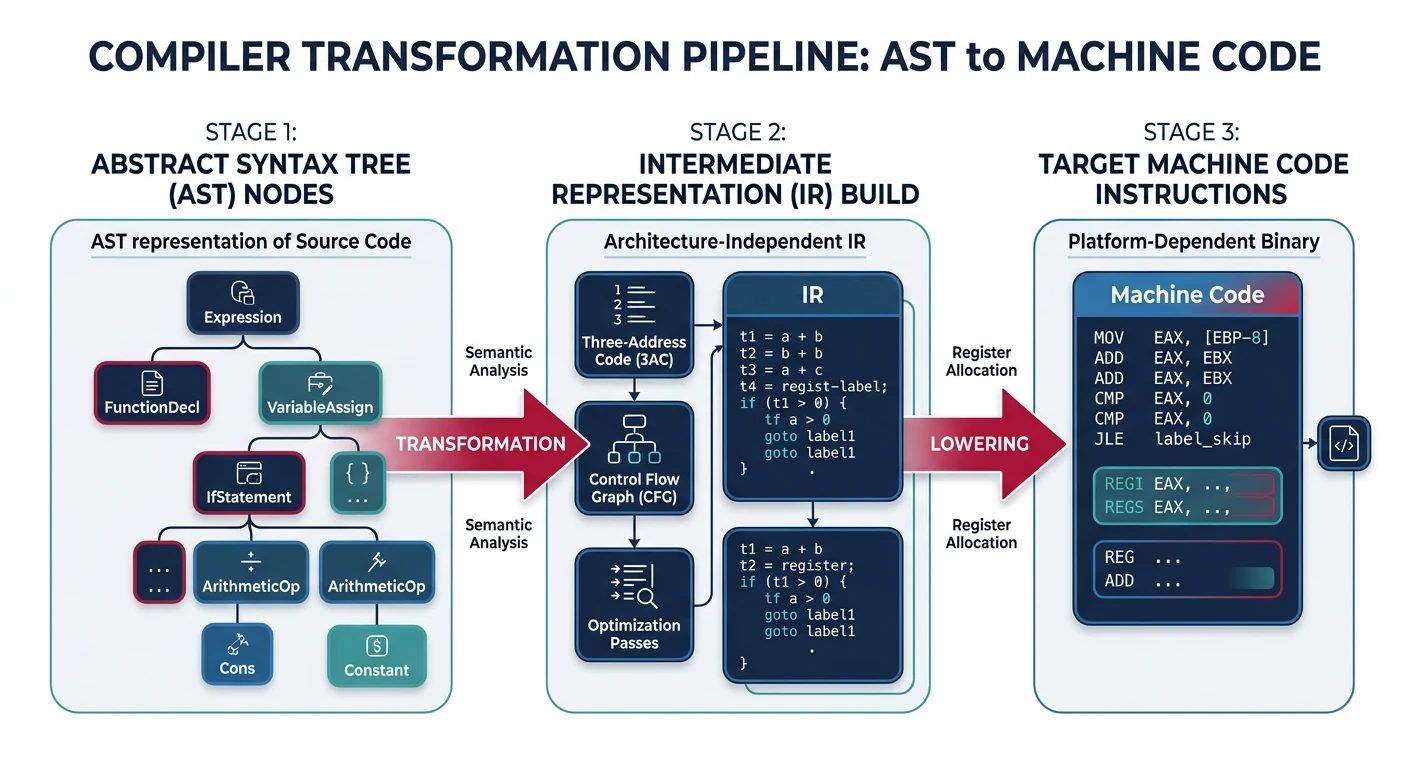 Diagram showing AST nodes being transformed into intermediate representation and then lowered to target machine code instructions