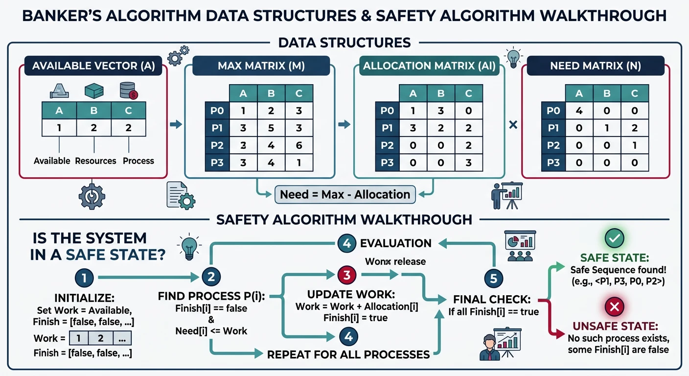 Banker's algorithm data structures showing Available, Max, Allocation, and Need matrices with safety algorithm walkthrough
