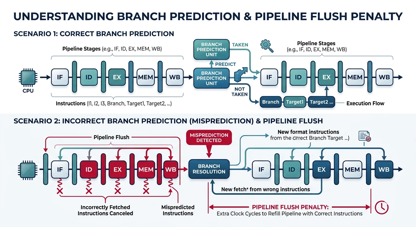 Illustration of branch prediction showing pipeline flush penalty when a branch is mispredicted