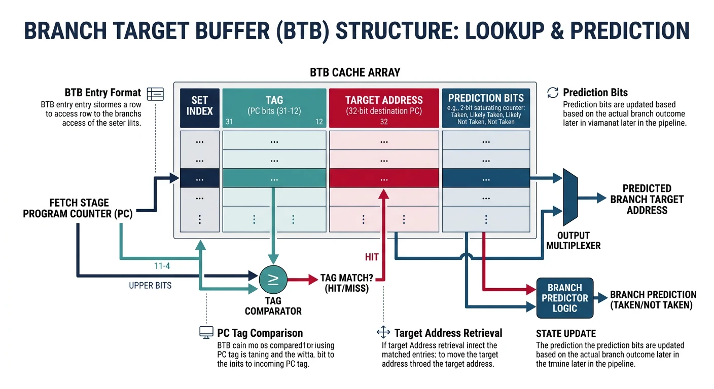 Diagram of Branch Target Buffer structure showing PC tag lookup, target address storage, and prediction bits