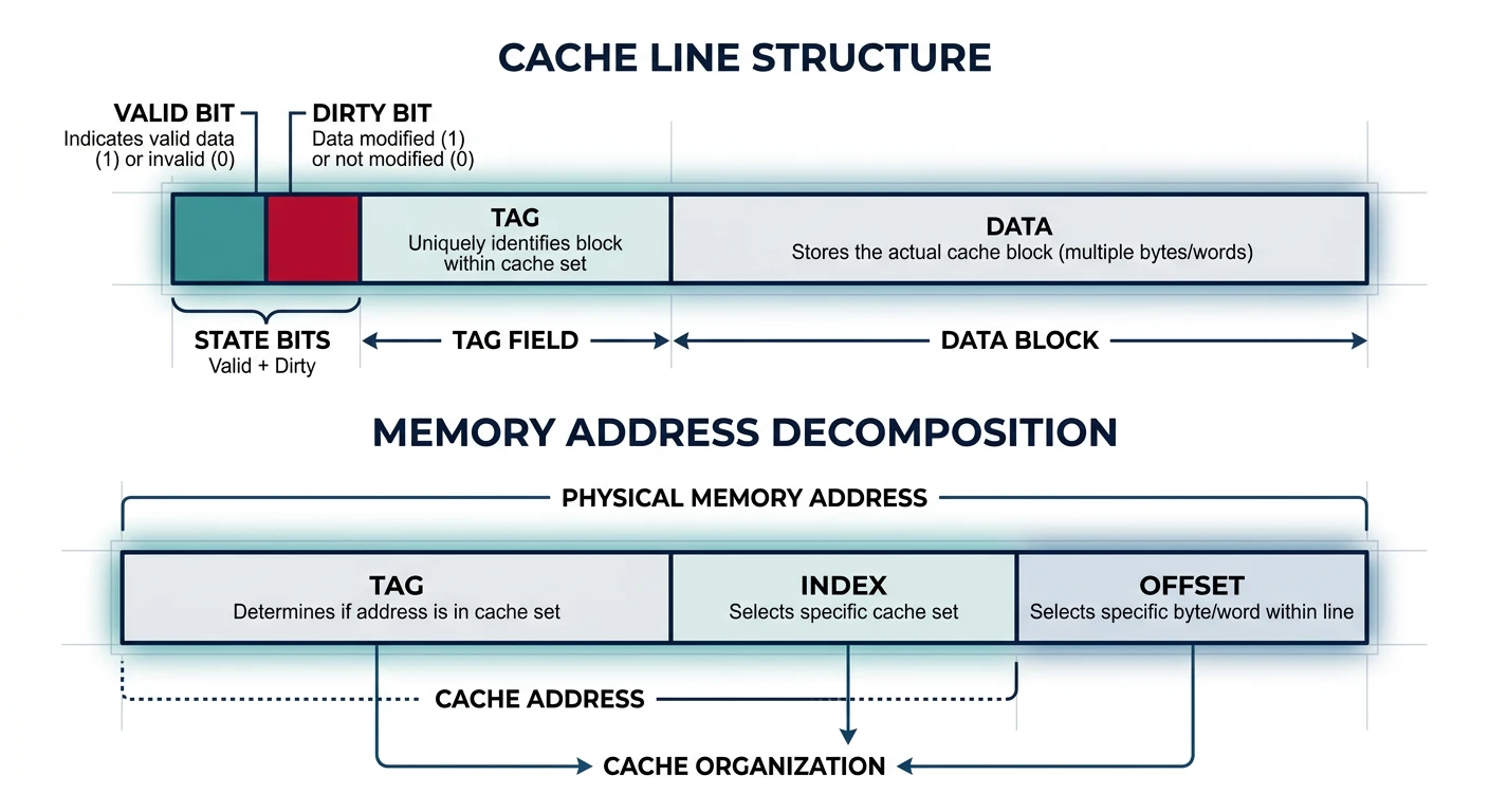 Diagram showing cache line structure with valid bit, dirty bit, tag, and data fields, plus memory address decomposition into tag, index, and offset