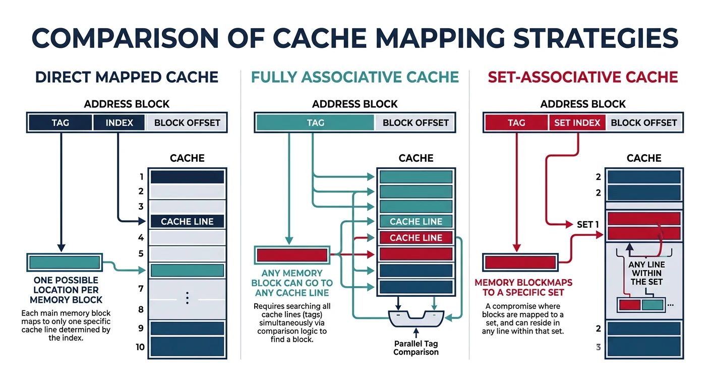 Comparison of three cache mapping strategies: direct mapped, fully associative, and set-associative showing how addresses map to cache locations