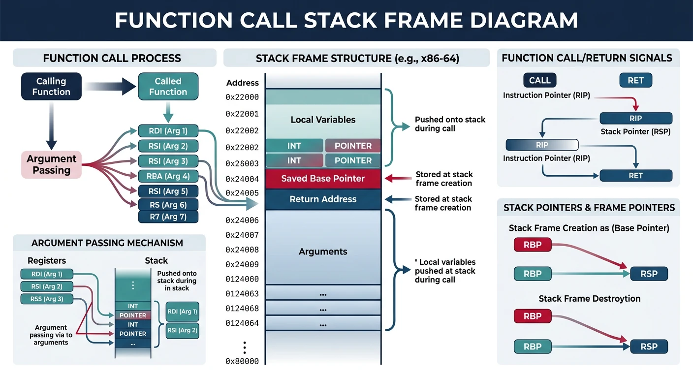 Diagram of a function call stack frame showing argument passing via registers and stack, return address, saved base pointer, and local variable slots