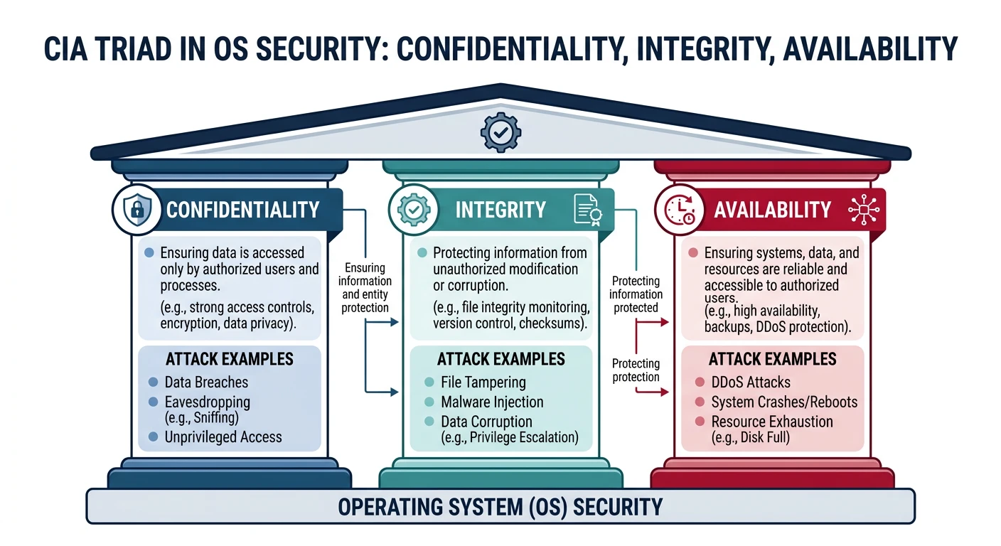 CIA triad diagram showing confidentiality, integrity, and availability as three pillars of OS security with attack type examples for each