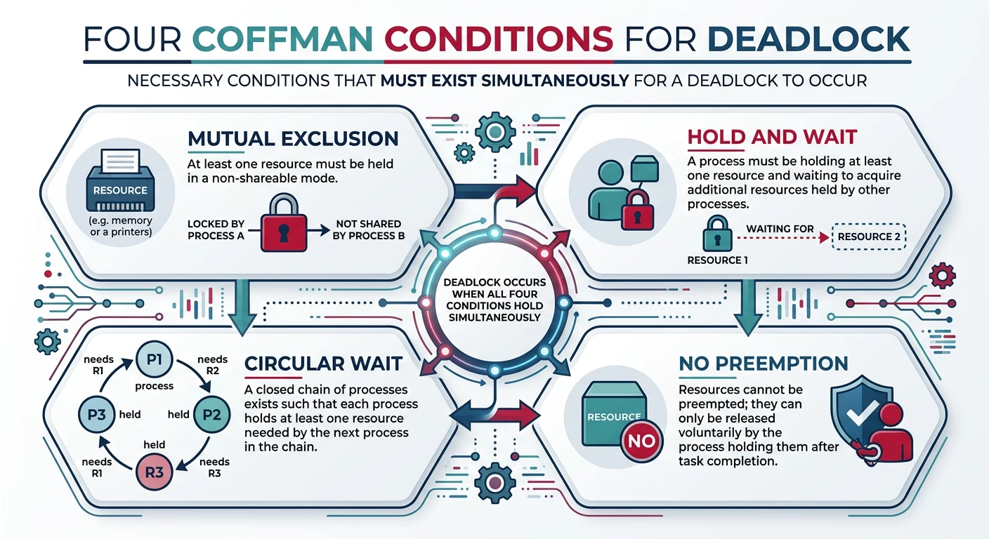 Four Coffman conditions for deadlock: mutual exclusion, hold and wait, no preemption, and circular wait shown as interconnected requirements