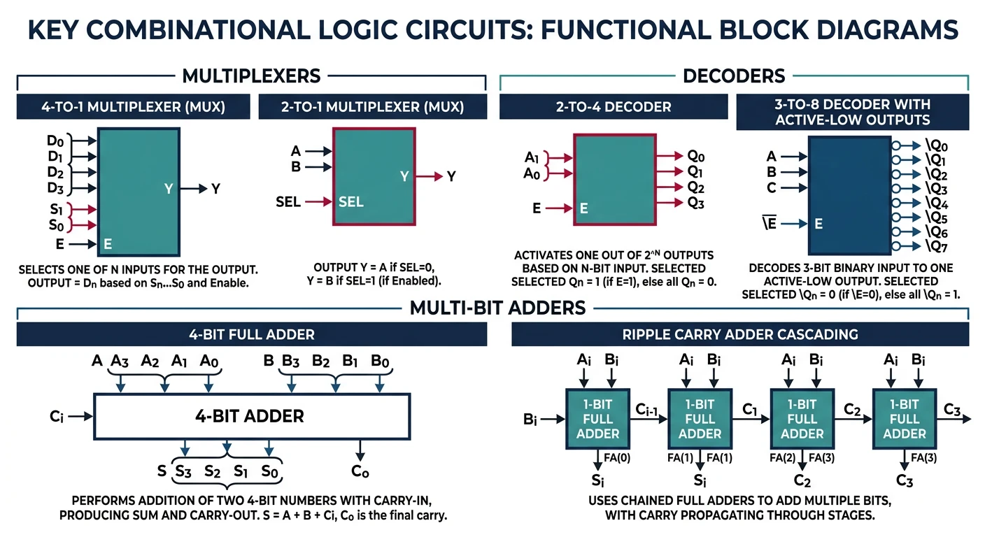 Block diagrams of key combinational circuits including multiplexers, decoders, and multi-bit adders showing input and output connections