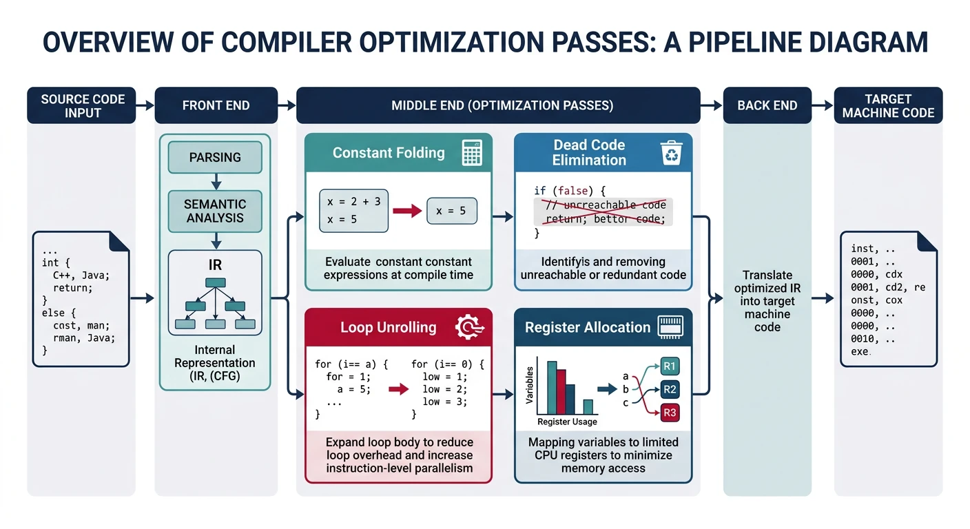 Pipeline diagram showing compiler optimization passes including constant folding, dead code elimination, loop unrolling, and register allocation