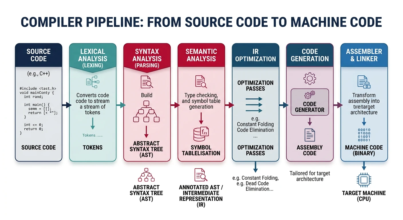 Diagram showing the complete compiler pipeline from source code through lexing, parsing, semantic analysis, optimization, and code generation to machine code