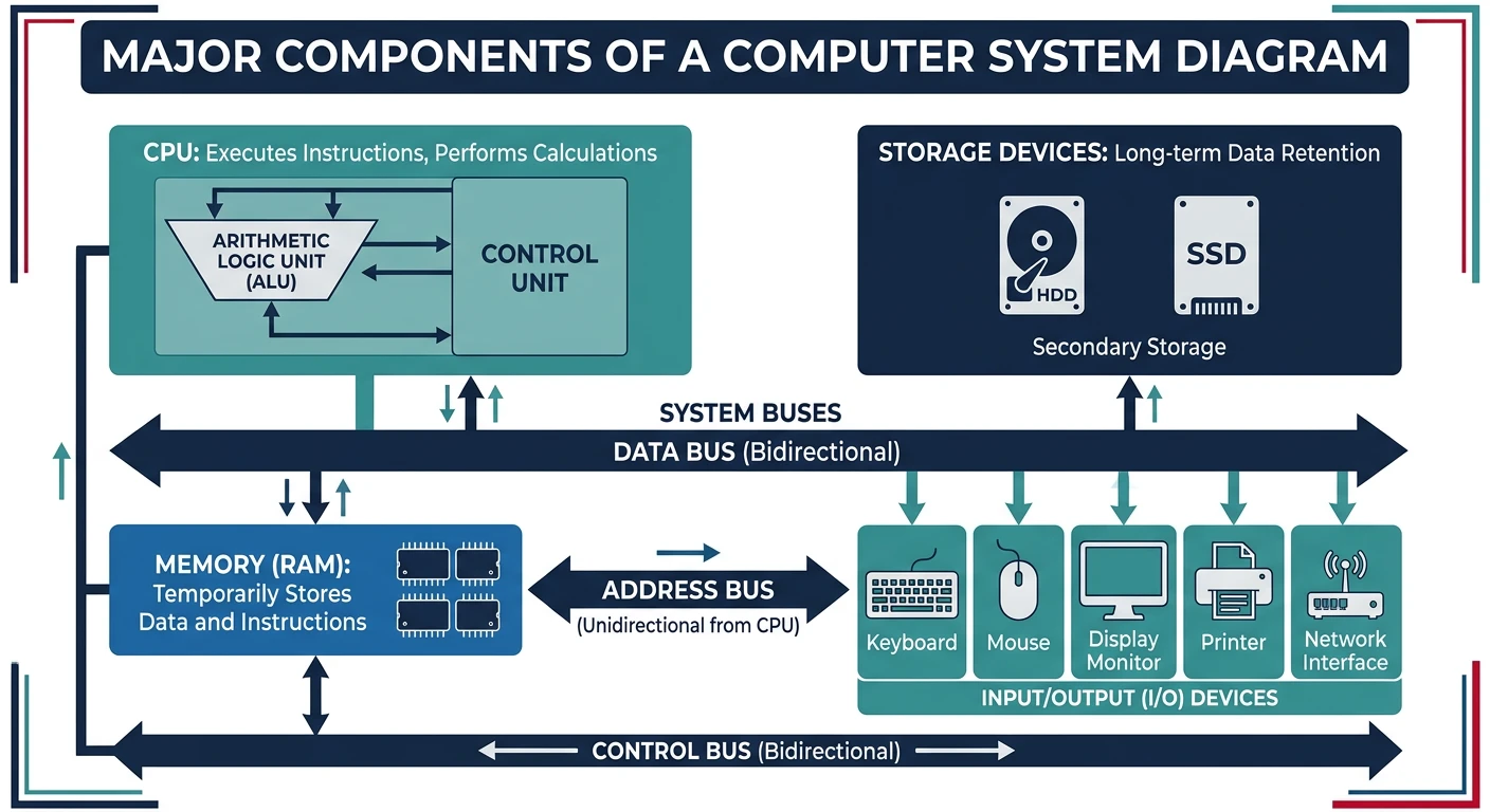 Diagram showing the major components of a computer system including CPU, memory, storage, and I/O devices interconnected via system buses
