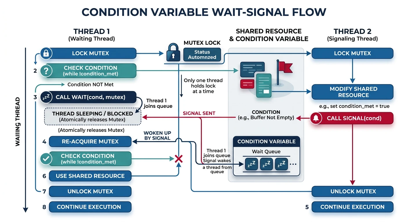 Condition variable wait-signal flow showing threads sleeping, condition check, and wakeup mechanism with mutex