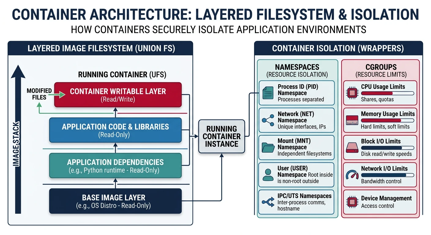 Container architecture showing layered image filesystem with read-only base layers and writable container layer, wrapped by namespaces and cgroups