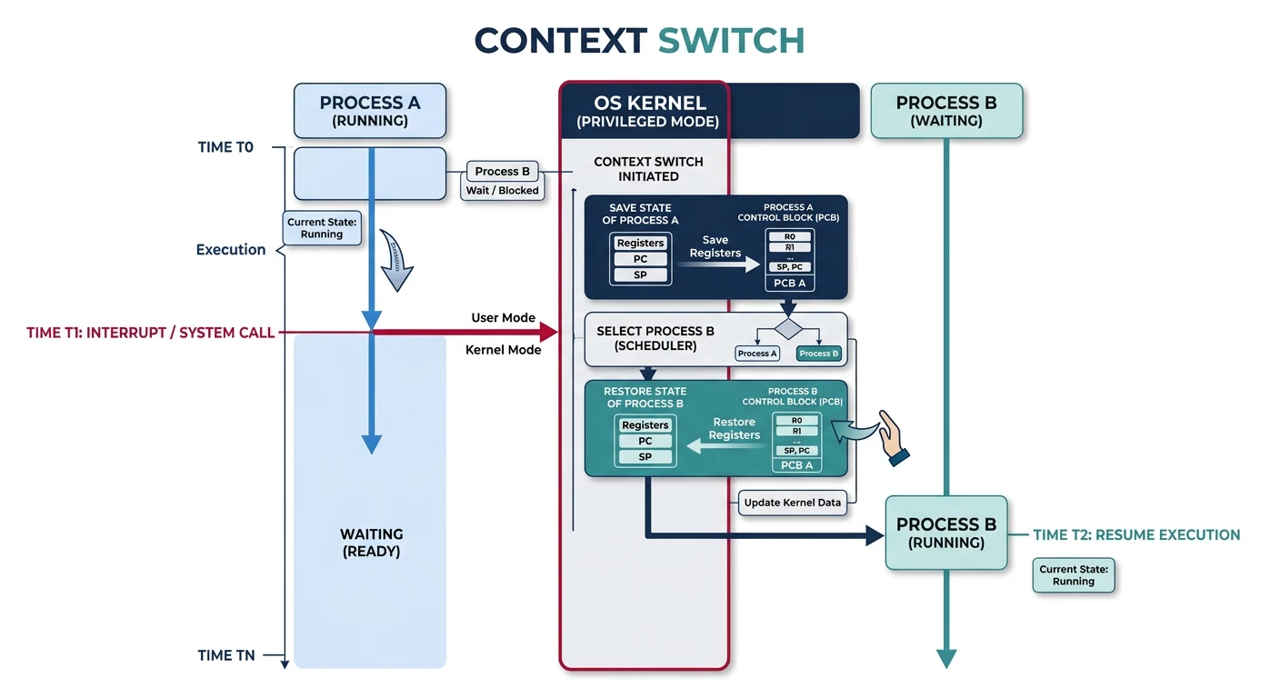 Timeline diagram showing context switch between two processes with save and restore of register state through the kernel