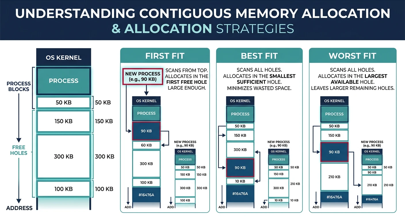 Contiguous memory allocation layout showing OS kernel, process blocks, and free holes with first fit, best fit, and worst fit strategies