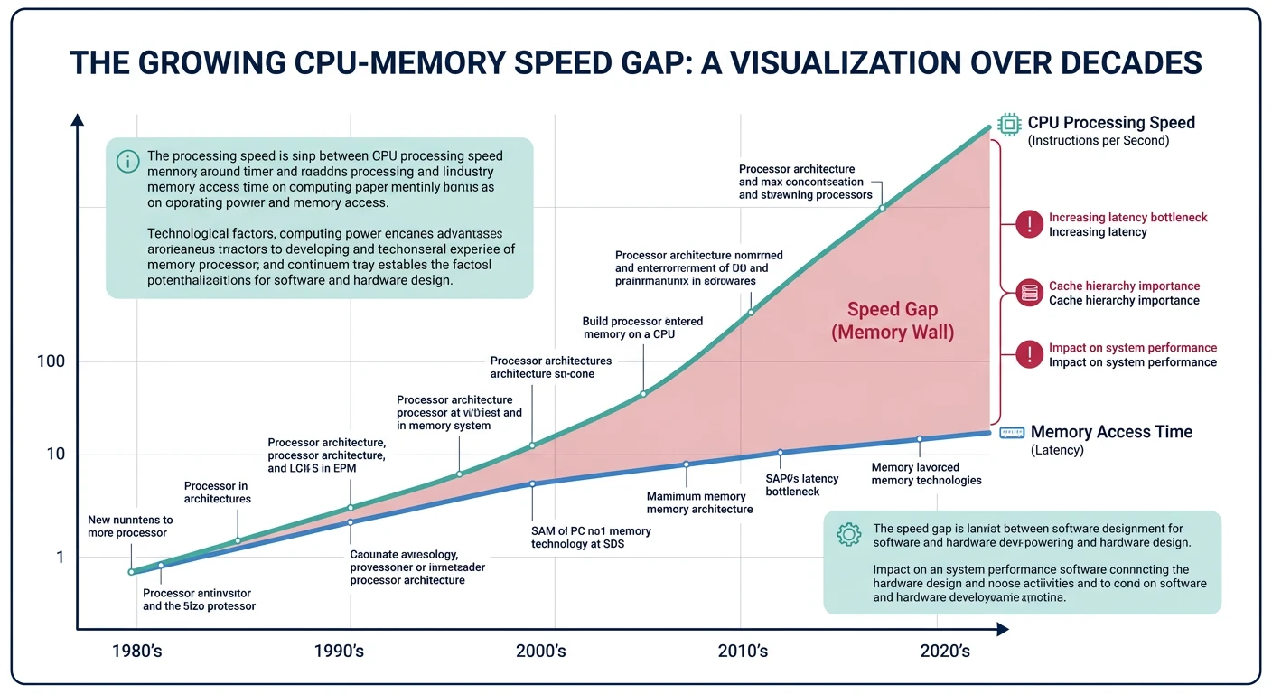 Graph showing the growing speed gap between CPU processing speed and memory access time over decades