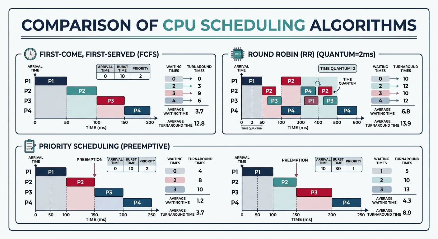 Gantt chart comparison of CPU scheduling algorithms showing FCFS, Round Robin, and Priority scheduling with process timelines, waiting times, and turnaround metrics