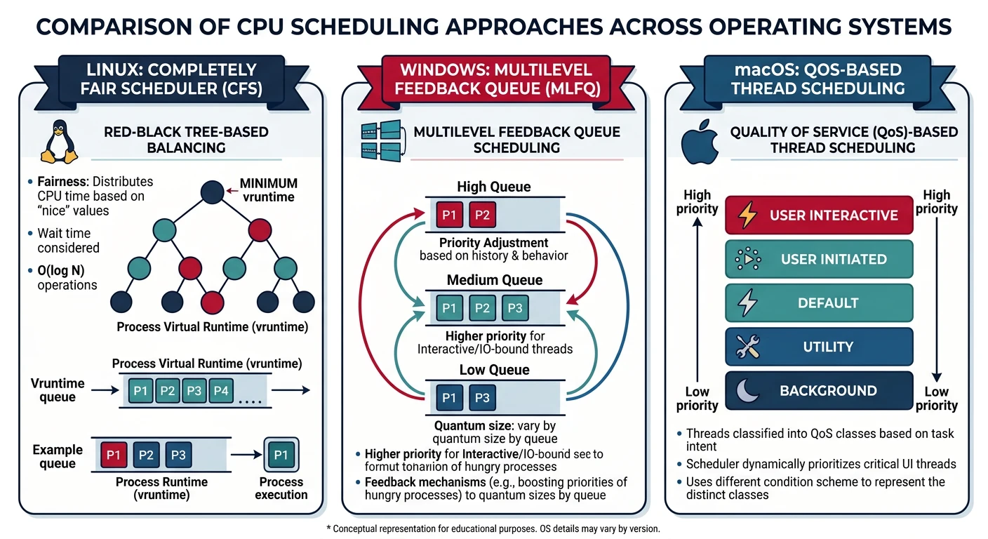 Comparison diagram of CPU scheduling approaches across Linux CFS with red-black tree, Windows multilevel feedback queue, and macOS QoS-based thread scheduling
