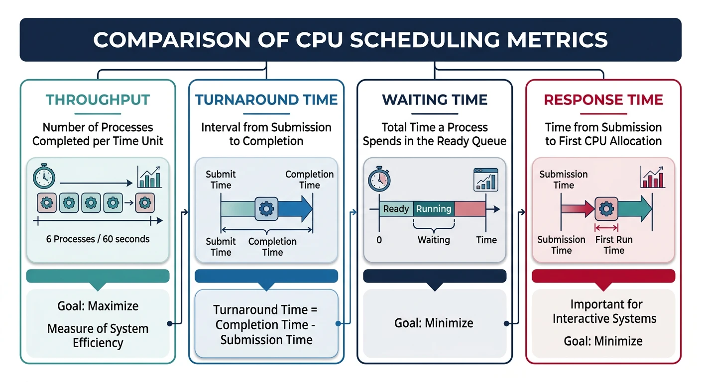 Diagram comparing CPU scheduling metrics including throughput, turnaround time, waiting time, and response time