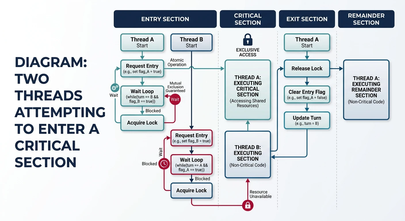 Diagram showing two threads attempting to enter a critical section with entry, critical, exit, and remainder sections labeled