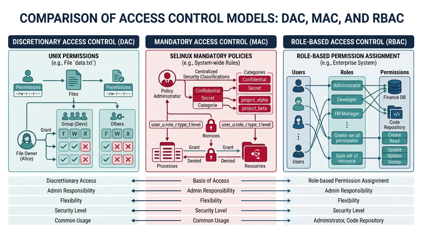 Comparison of DAC, MAC, and RBAC access control models showing Unix permissions, SELinux mandatory policies, and role-based permission assignment
