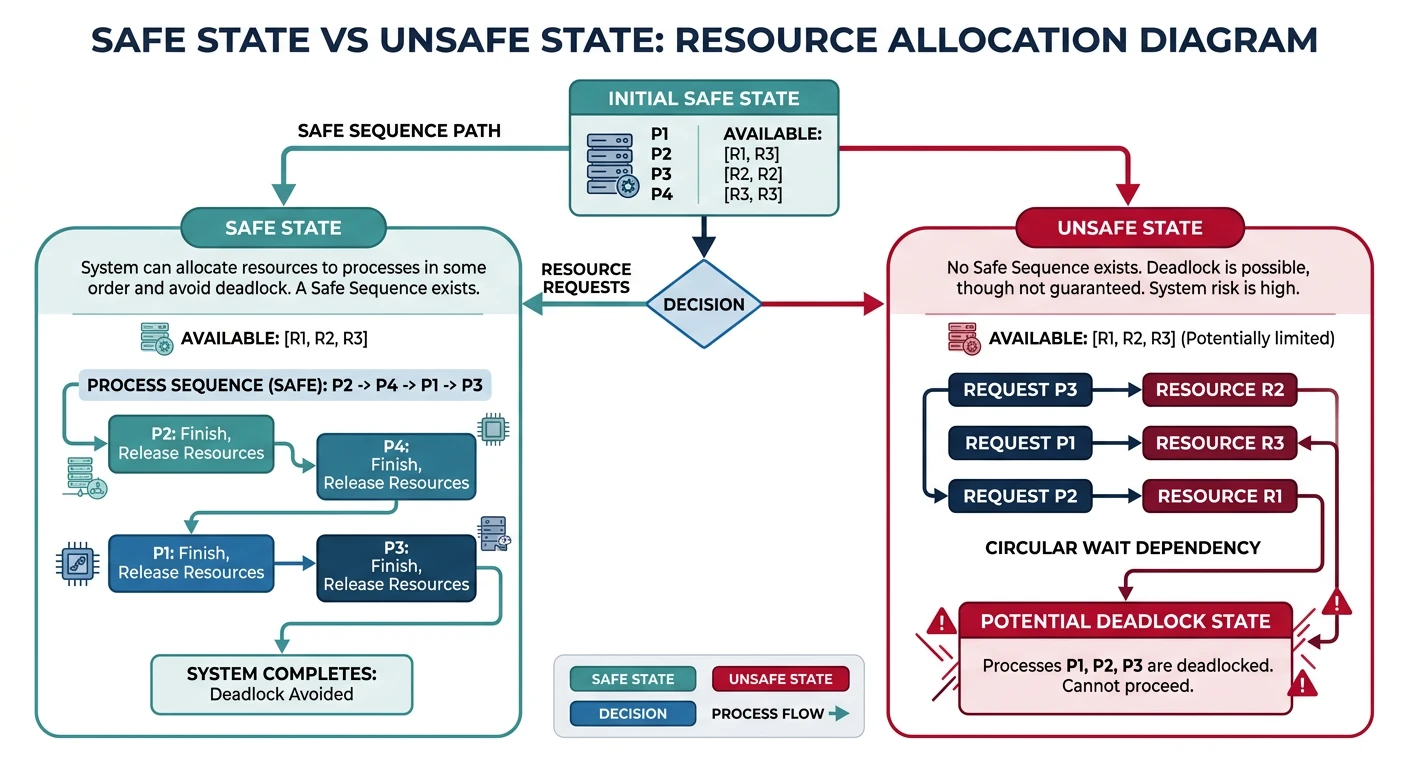Safe state vs unsafe state diagram showing safe sequence path and transition to potential deadlock in unsafe state