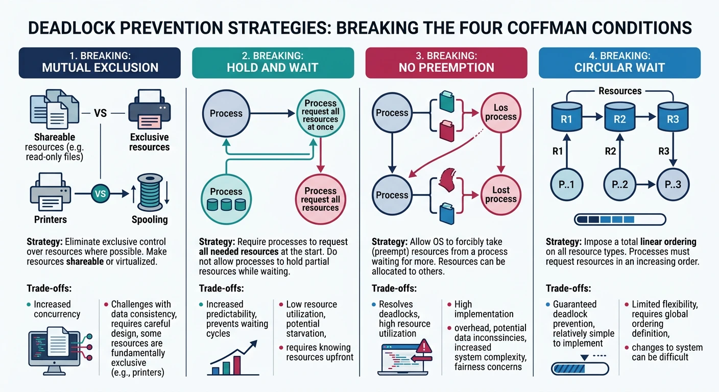 Deadlock prevention strategies showing how to break each of the four Coffman conditions with trade-offs