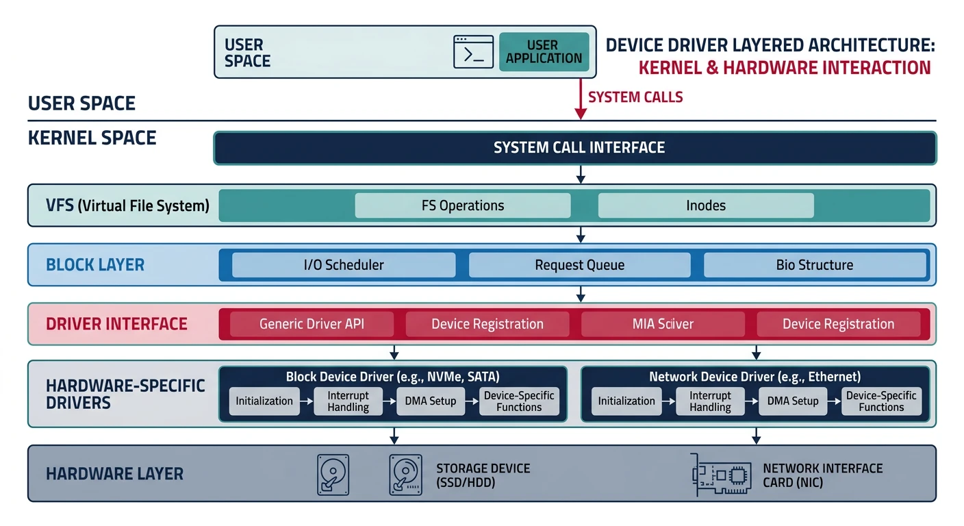 Device driver layered architecture showing user application, system calls, kernel core VFS and block layer, driver interface, and hardware-specific drivers