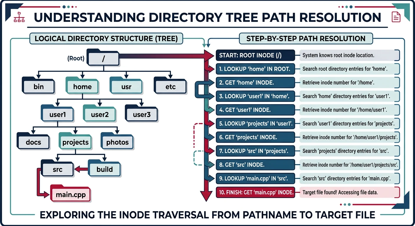 Directory tree showing hierarchical path resolution from root inode through intermediate directories to a target file inode