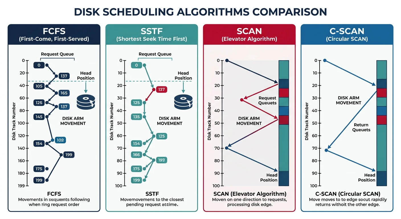 Disk scheduling algorithms comparison showing FCFS, SSTF, SCAN, and C-SCAN arm movement patterns across disk tracks