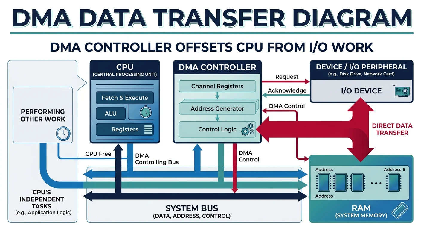DMA data transfer diagram showing the DMA controller moving data directly between a device and RAM while the CPU performs other work