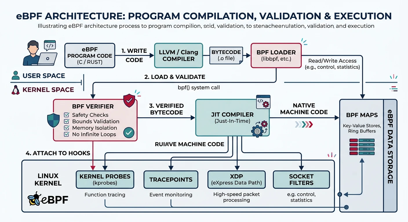 eBPF architecture diagram showing user-space BPF program compilation, verifier validation, JIT compilation, and attachment to kernel hooks like kprobes, tracepoints, and XDP