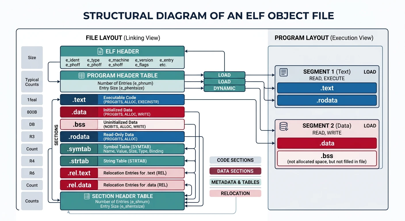 Structural diagram of an ELF object file showing the ELF header, program headers, sections for text, data, BSS, symbol table, and relocation entries
