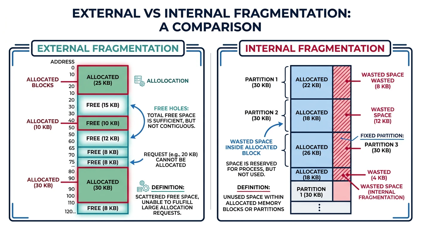 External vs internal fragmentation comparison showing scattered free holes and wasted space inside allocated blocks