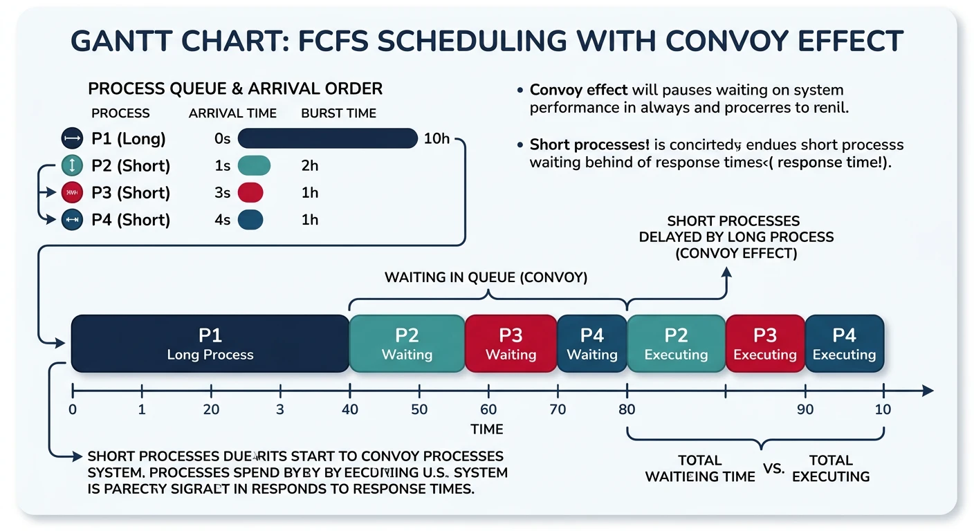 Gantt chart showing FCFS scheduling with convoy effect where short processes wait behind a long process