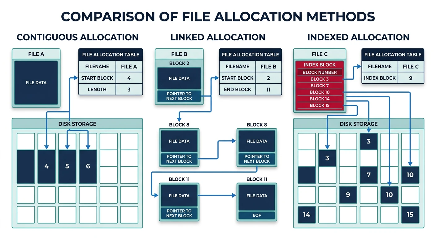 Side-by-side comparison of contiguous, linked, and indexed file allocation methods showing how each maps file blocks to disk locations