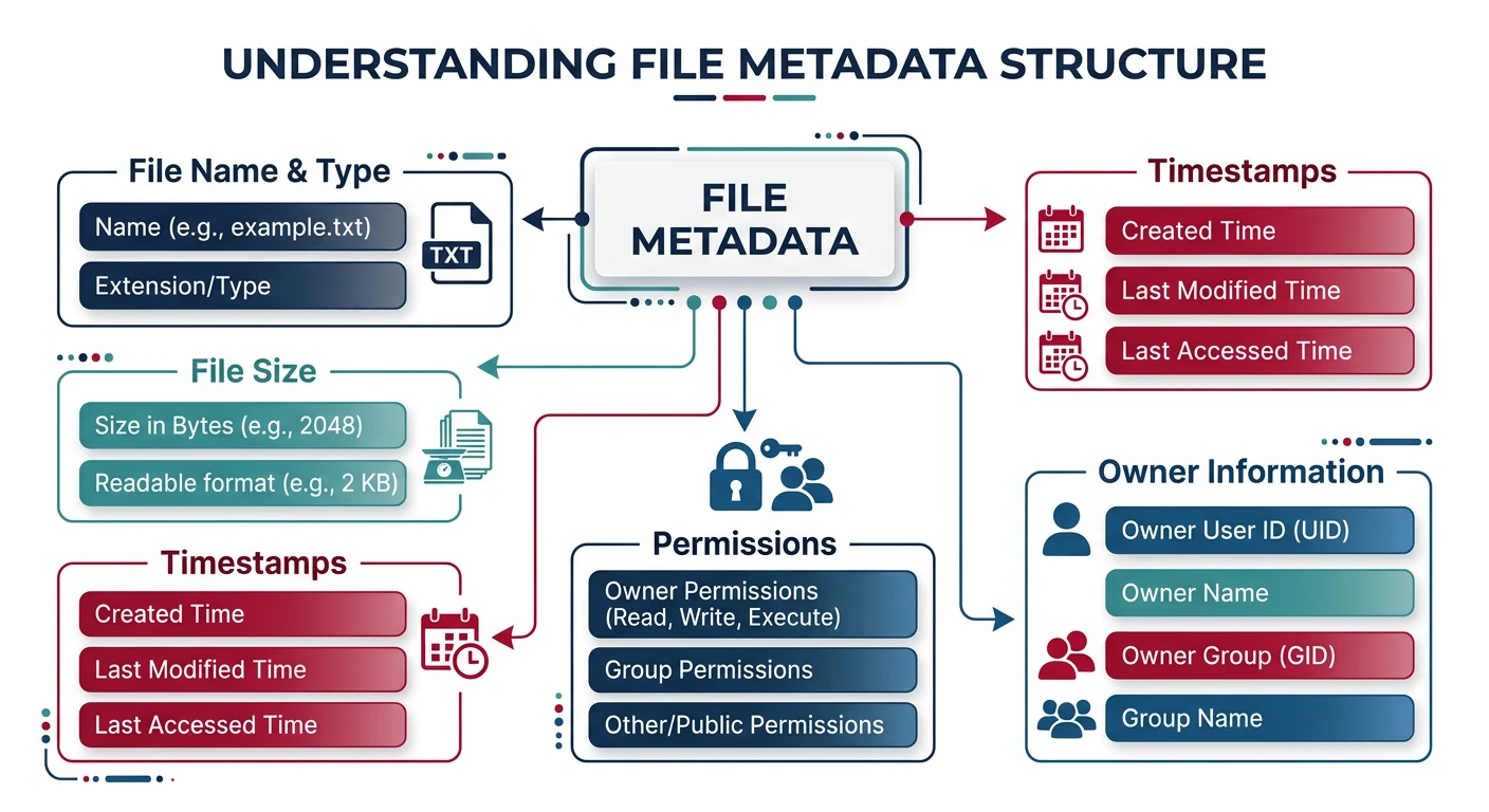 File metadata structure showing name, type, size, timestamps, permissions, and owner fields with their relationships